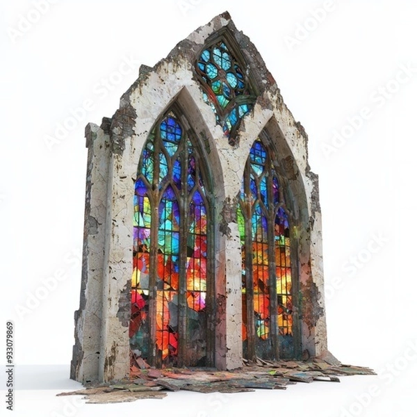 Fototapeta 3D Render of a ruined cathedral with shattered stained glass windows, on isolated white background