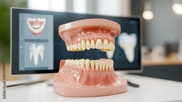Obraz A dental model showing teeth in front of a computer screen with dental images, illustrating dental care, orthodontics, and modern technology in dentistry.