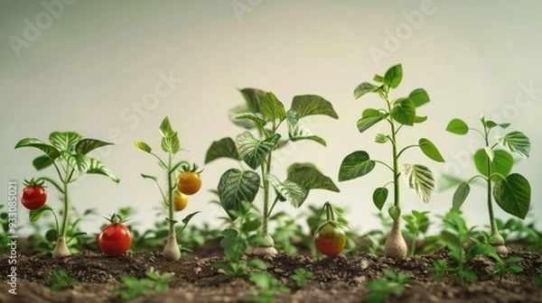 Fototapeta Fresh tomatoes growing on vines in a garden