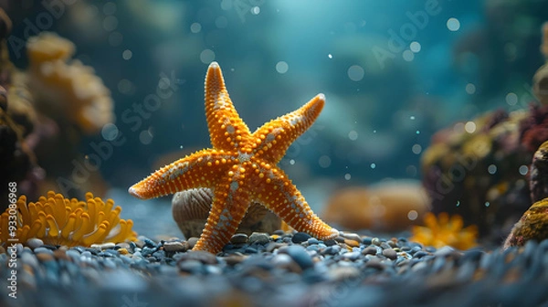 Fototapeta Orange Starfish on a Pebble Beach with a Blue Ocean Background - Underwater Illustration