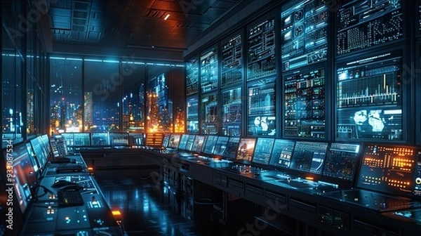 Obraz High-tech control room with monitors displaying graphs and various data