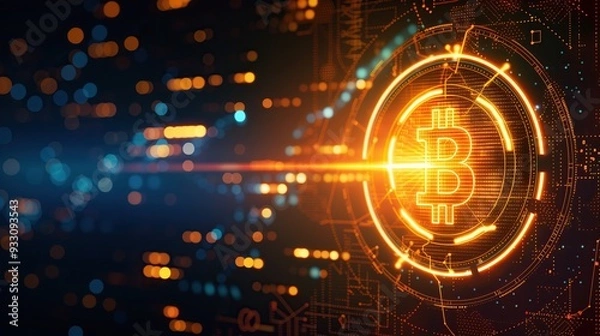 Obraz glowing Bitcoin symbol on dark bokeh dots tech coding crypto currency background
