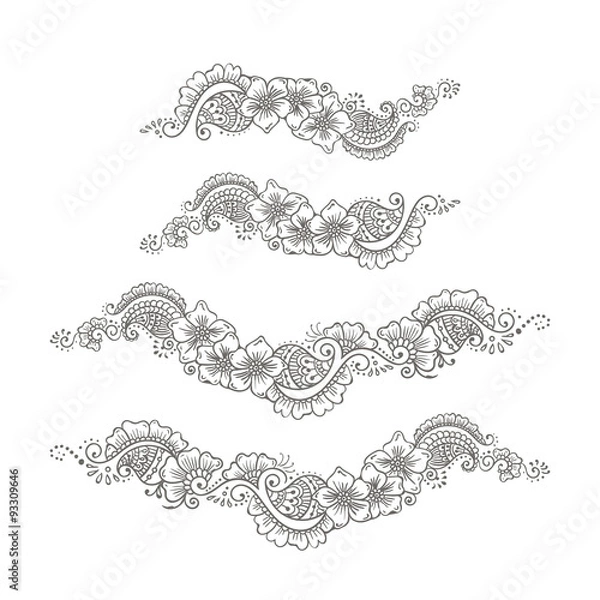 Obraz Floral ornament set Mehndi Henna Tattoo Grey or Black. Vintage