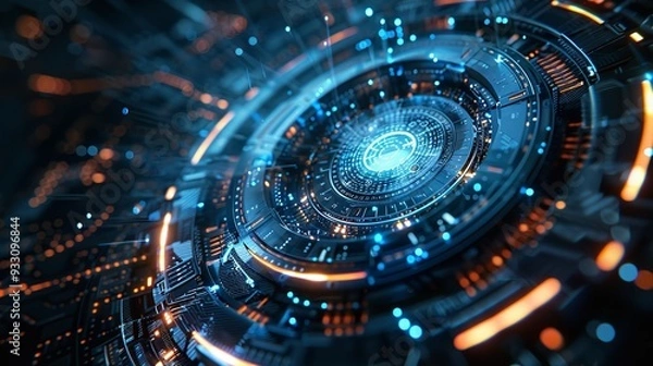 Fototapeta Digital Future, A Futuristic Technology Background for High-Tech Designs, circuit board with glowing orange lights