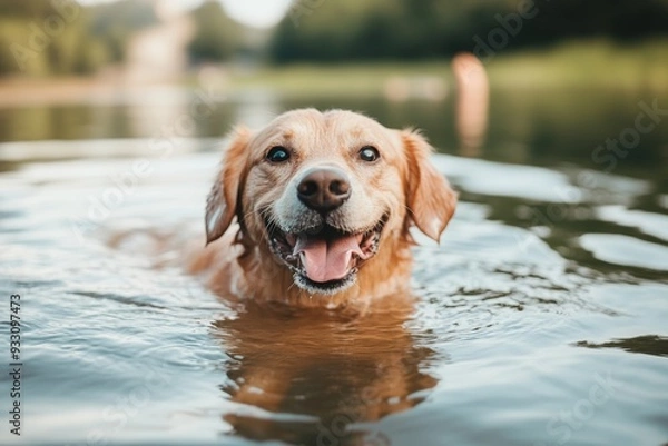 Fototapeta Happy canine swimming in tranquil lake, capturing joy of a dog enjoying a refreshing swim