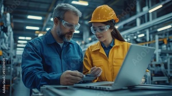 Obraz Caucasian Male Engineer and a Female Technician Having a Conversation and Using Laptop Computer. Specialists Monitoring, Analyzing Conditions at a Modern Electronics Factory with Heavy Machinery