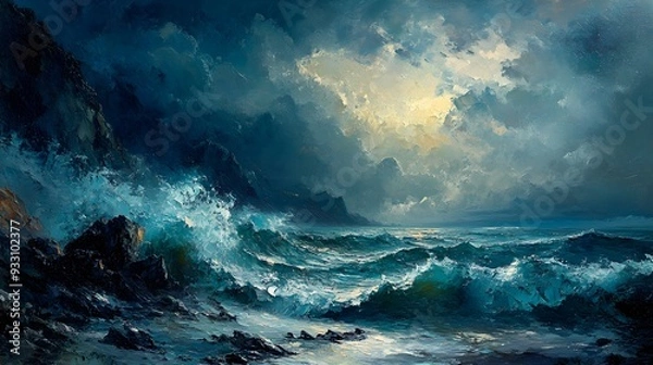 Fototapeta Intense stormy ocean with waves crashing against sharp rocks, bold and exaggerated oil paint strokes, dark and moody atmosphere, hand-painted in a traditional style