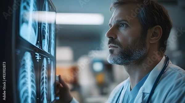 Fototapeta Doctor Reviewing X-rays: Imagine a doctor standing in a dimly lit room, carefully reviewing X-ray images displayed on a lightbox or digital monitor. The doctor is focused, possibly making notes or dis