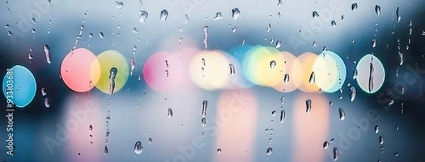 Obraz A vibrant rainbow arches over a rainy cityscape seen through a car window, with blurred bokeh lights glowing softly in the background