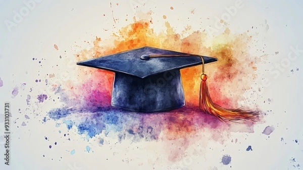 Fototapeta Elegant Graduation Cap with Watercolor Splashes