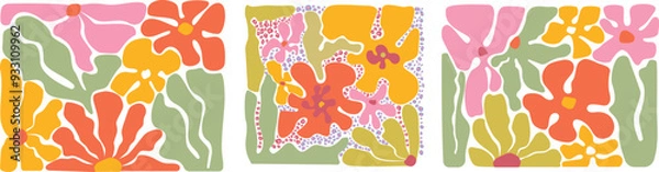 Fototapeta Groovy abstract flower art set. Organic doodle shapes in trendy naive retro hippie 60s 70s style. Contemporary poster and background. Floral botanic vector illustration in pink, yellow, green, colors.