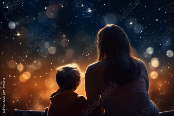 Fototapeta AI generated rear view photo of mother and child family looking sky