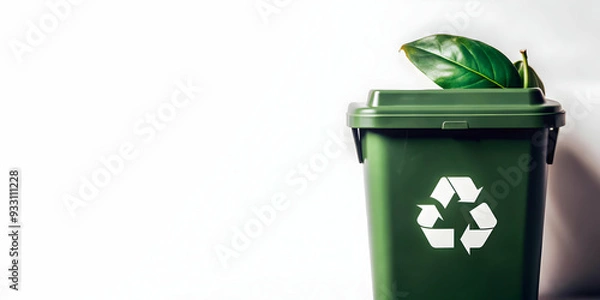 Fototapeta 3d Flat icon as Recycling bin and a green leaf symbolizing eco friendly practices with ample space for text. concept as A recycling bin and a green leaf representing eco friendly practices in waste ma
