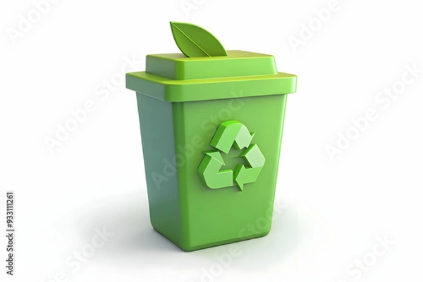 Fototapeta 3d Flat icon as Recycling bin and a green leaf symbolizing eco friendly practices with ample space for text. concept as A recycling bin and a green leaf representing eco friendly practices in waste ma