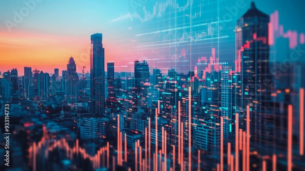 Fototapeta Abstract business team stands on the peak of success amid tall, innovative Smart city and graphs with statistics to analyze business potential and predict future developments in company growth.