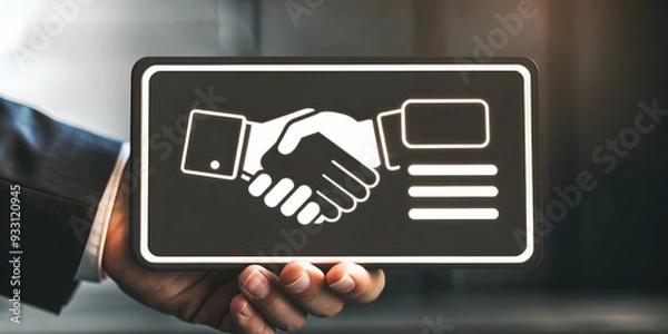 Fototapeta 3d Flat icon as Warranty card and a hand shake symbolizing trust and agreement with ample space for text. concept as A warranty card and a handshake representing trust and agreement with blank space f