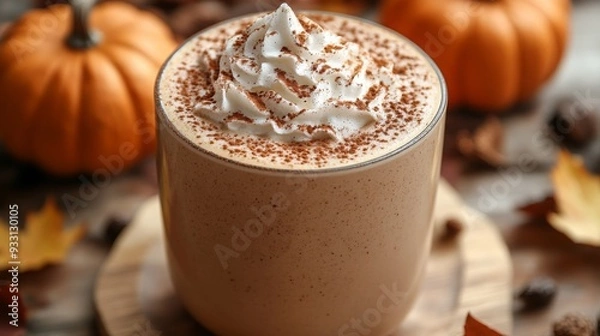 Fototapeta Close up of a pumpkin spice latte topped with whipped cream and surrounded by autumn decorations