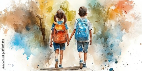 Fototapeta Nostalgic Walk of Two Kids with Backpacks