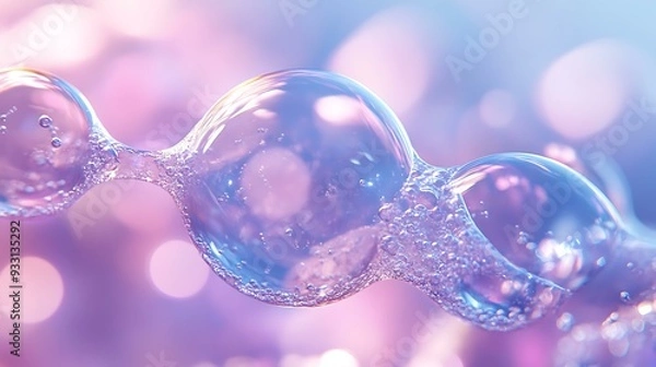 Obraz Close-up image of translucent bubbles with a soft pink and purple bokeh background, perfect for beauty, skincare, or relaxation themes in advertising and design,