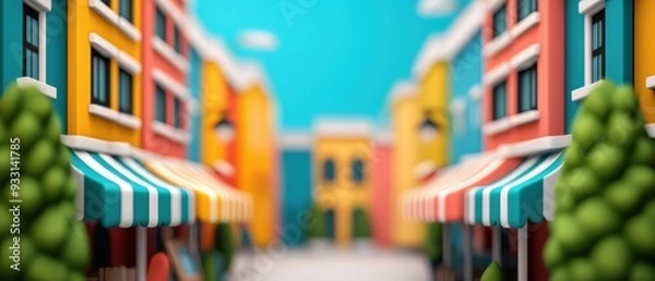 Fototapeta Vibrant Cartoon Street Fair with Colorful Stalls - Lively Visitors and Copy Space for Text in Grunge Style
