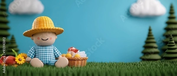 Fototapeta Happy Cartoon Character Having a Vibrant Picnic in a Lively Park - with Selective Focus, Copy Space, Grunge Splash Dust