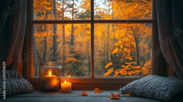 Fototapeta Cozy cottage window view of autumn trees with candles and soft drapery