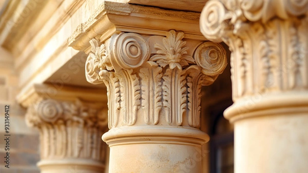 Fototapeta Detailed close-up of ornate classical columns, showcasing intricate carvings and fluted design, highlighting architectural beauty and craftsmanship