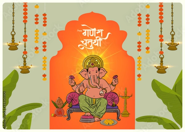 Obraz Happy Ganesh Chaturthi Marathi, Hindi Calligraphy with Ganesha vector illustration and traditional background, Ganesh Chaturthi social media banner design, Invitation card template  