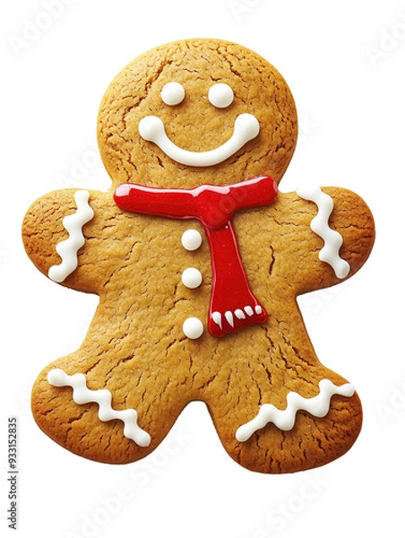 Fototapeta A cheerful gingerbread man cookie with white icing details and a red scarf isolated PNG cutout transparent background.