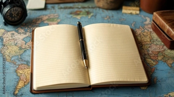 Fototapeta Vintage-style notebook showing world maps placed on an old map with a pen beside it