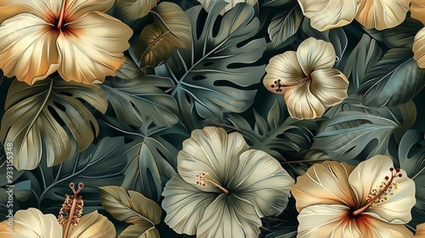 Obraz Seamless tropical wallpaper featuring hand-drawn vintage illustrations of hibiscus, bird of paradise, and orchids, soft earthy background, vibrant tropical tones, natural light, intricate details,