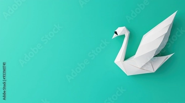 Obraz 3D origami swan gliding on a pastel teal paper background, elegant curves with intricate paper textures, 3D origami animals, graceful minimalism