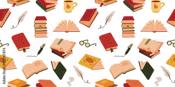 Fototapeta Book stack autumn color seamless pattern. Cute cozy books colorful background. Library, reading, feather, pen, mug, glasses illustrations. 