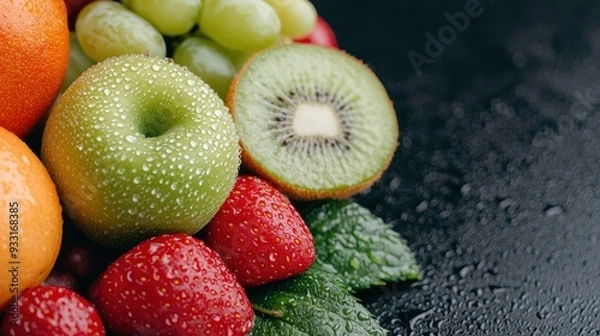 Fototapeta Freshly Washed Fruits with Water Droplets - Closeup with Copy Space, Selective Focus, Quality
