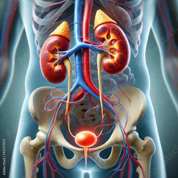 Fototapeta 3D process of a kidney transplant, showing the newly implanted kidney connected to the recipient's blood vessels and urinary system. highlight the surgical connection points and blood flow.