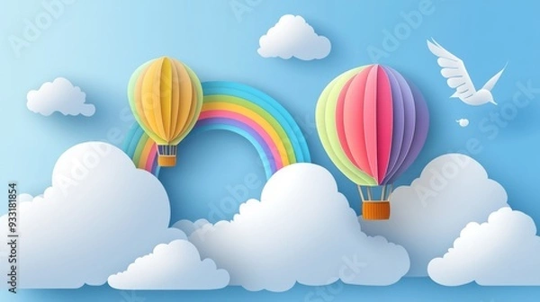 Fototapeta A paper-cut-style hot air balloon flying above the clouds with a rainbow