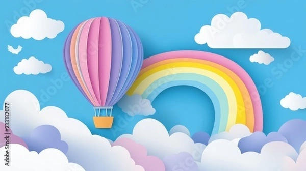 Fototapeta A paper-cut-style hot air balloon flying above the clouds with a rainbow