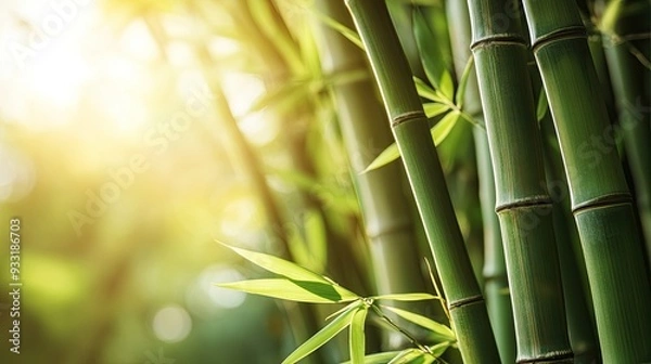 Fototapeta Soft sunlight filters through a cluster of bamboo stalks, capturing their serene beauty and vibrant green color.