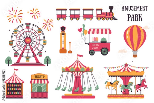 Obraz Amusement park set, ticket office, cotton candy cart, Ferris wheel, carousel, balloon, force meter, balloon darts, train. Vector graphics.