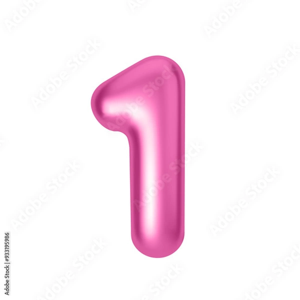 Fototapeta Pink metallic number 1. Foil and latex balloon number One in 3d style. Realistic design elements isolated on white background. Vector illustration