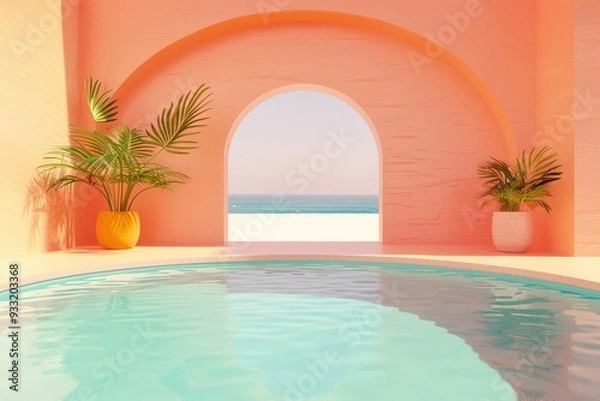 Fototapeta Colorful Neo-Fauvist Architecture with Arches and Stairs in Bright Sunlight. Beautiful simple AI generated image