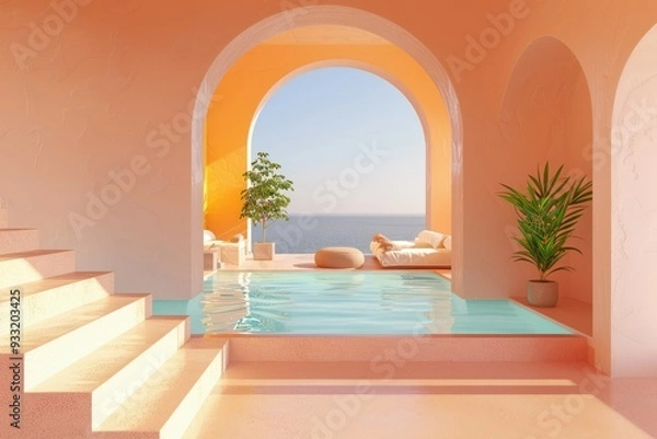 Fototapeta Colorful Neo-Fauvist Architecture with Arches and Stairs in Bright Sunlight. Beautiful simple AI generated image