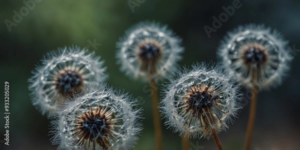 Fototapeta Close-up of delicate blue dandelion seed heads.