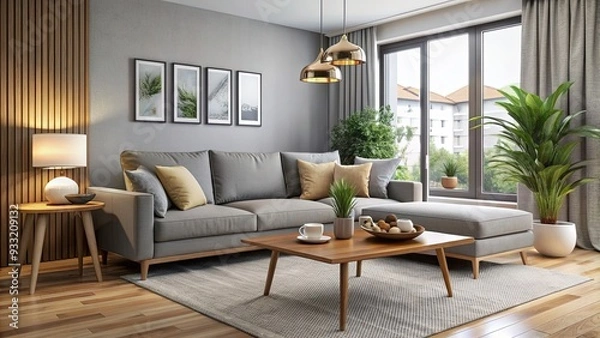 Fototapeta Modern living room setup with sleek gray sofa, coffee table, and minimalist decor, ready for rental or staging in a stylish and cozy atmosphere.