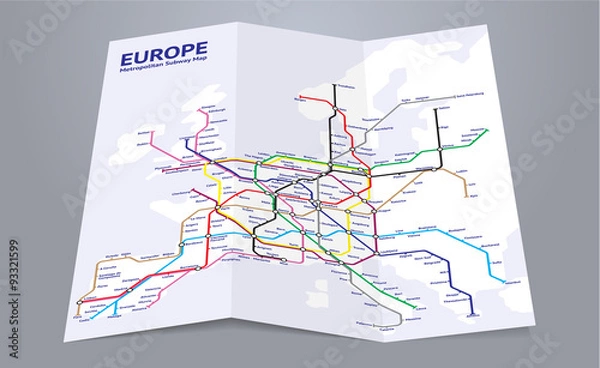 Fototapeta Europe subway map. Folded paper map of a fictional european subway system.