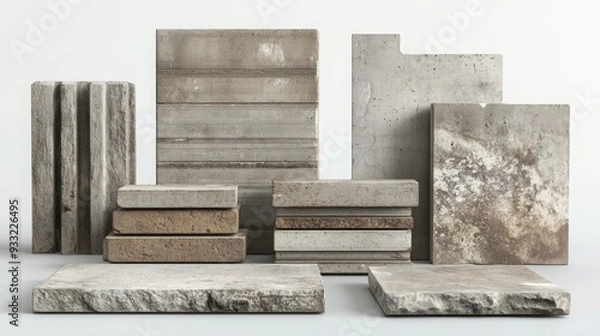 Obraz A collection of various grey and brown concrete blocks arranged on a white background.