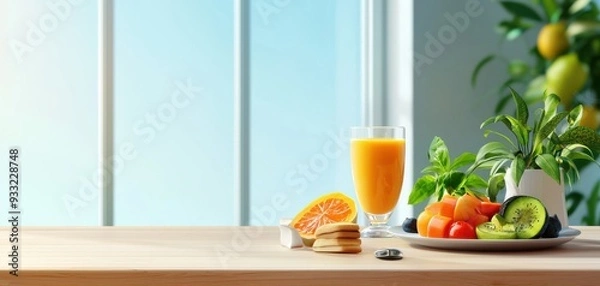 Fototapeta Fresh fruits, orange juice, and cookies on a wooden table with a bright background