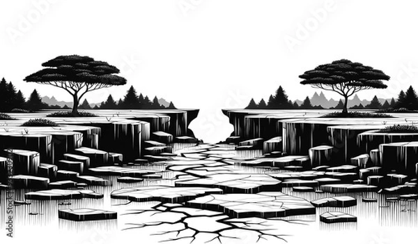 Obraz Barren landscape cracked earth sparse trees. arid broken land monochrome rugged terrain sketch.