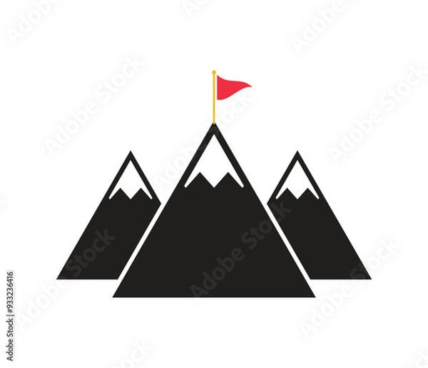 Fototapeta Mountain peaks with snow and flag flat vector icon for sports apps and web