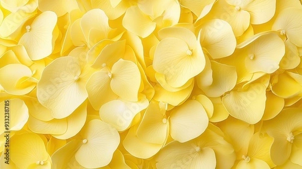 Fototapeta   A wall of yellow petals shapes like flowers with a bunch of yellow flowers in the middle